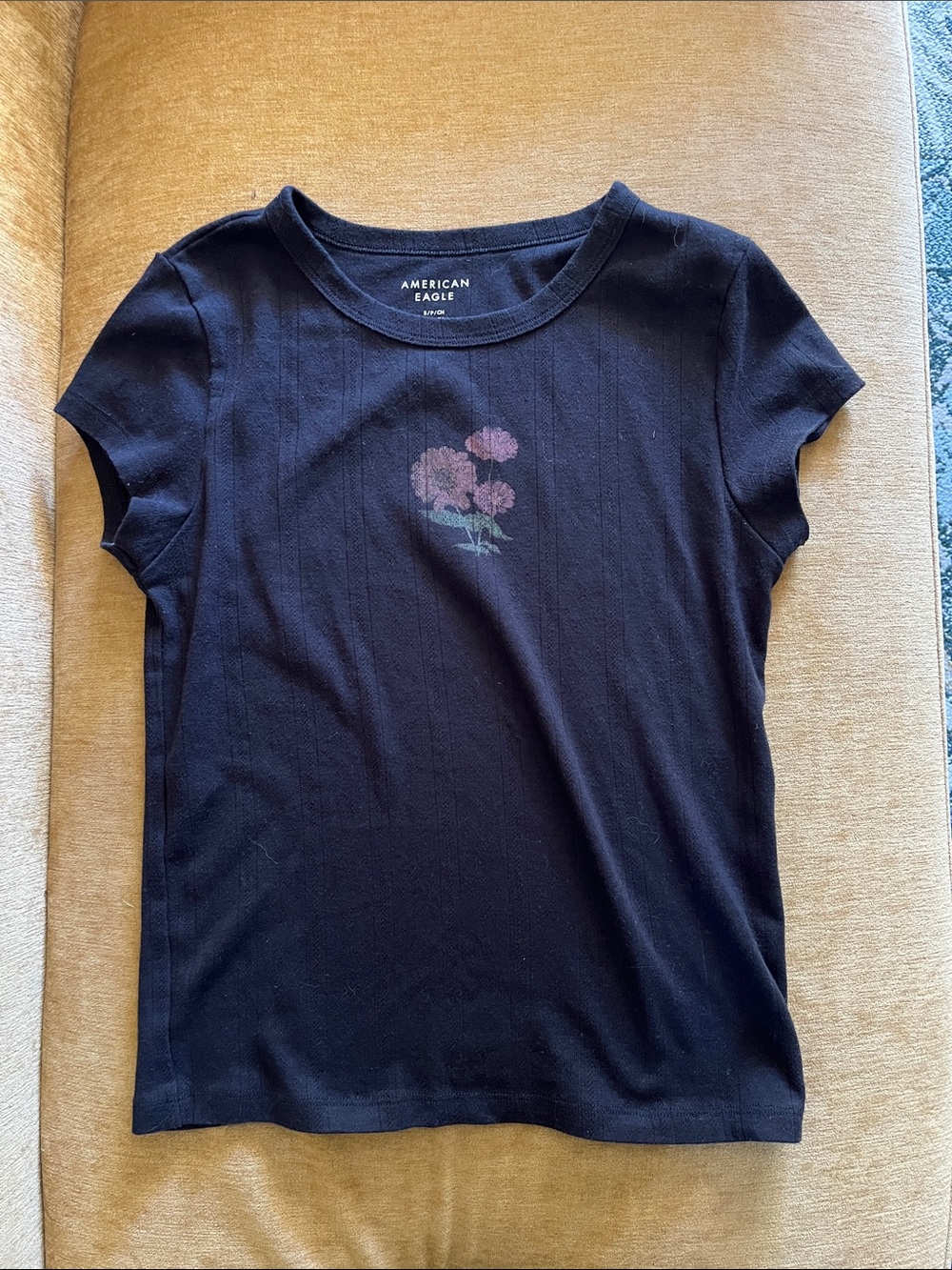 American Eagle Outfitters Black Tee with Pink Floral Motif
